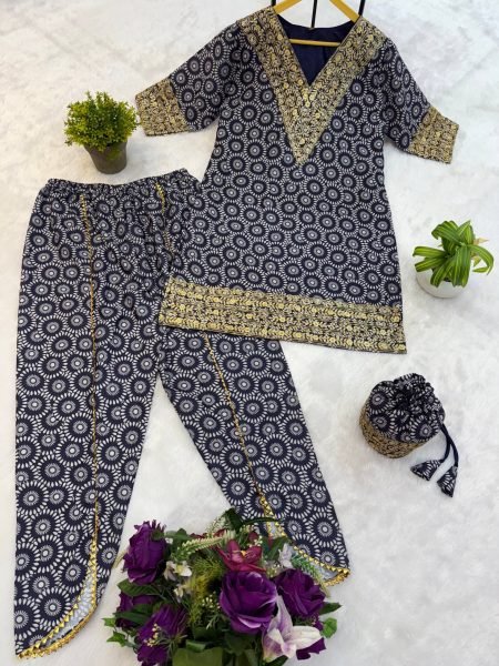 Blue Ajrakh Print Mul Cotton Co ord with Intricate Golden Work for Celebrations Kurti With Bottom Wholesale