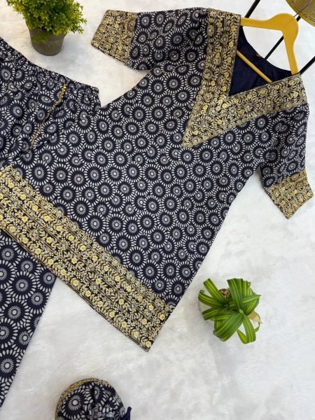 Blue Ajrakh Print Mul Cotton Co ord with Intricate Golden Work for Celebrations Kurti With Bottom Wholesale