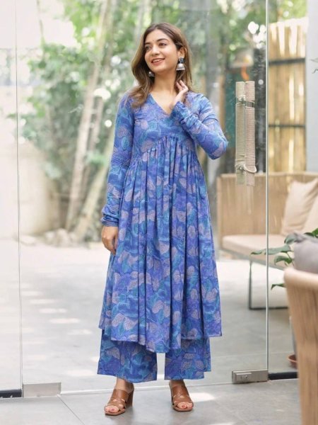 Blue Alia Cut Rayon Kurti with Pant Digital Print Co- ord Set for Daily Chic Look Kurtis