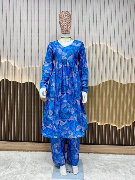 Blue Alia Cut Rayon Kurti with Pant Digital Print Co- ord Set for Daily Chic Look Kurti With Bottom Wholesale