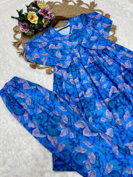 Blue Alia Cut Rayon Kurti with Pant Digital Print Co- ord Set for Daily Chic Look Kurti With Bottom Wholesale