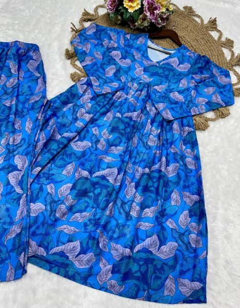 Blue Alia Cut Rayon Kurti with Pant Digital Print Co- ord Set for Daily Chic Look Kurti With Bottom Wholesale