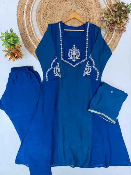 Blue Alluring Designer Georgette Top Palazzo Suit with Embroidery Work at Manufacturer  Ready To Wear Collection