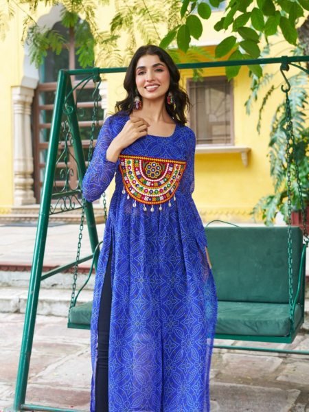 Blue Bandhani Anarkali Gown with Kutchi Work Readymade for Navratri Special Outfit 