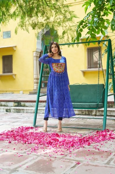 Blue Bandhani Anarkali Gown with Kutchi Work Readymade for Navratri Special Outfit Navratri Collection