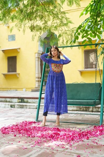 Blue Bandhani Anarkali Gown with Kutchi Work Readymade for Navratri Special Outfit Navratri Collection