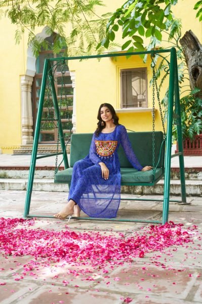 Blue Bandhani Anarkali Gown with Kutchi Work Readymade for Navratri Special Outfit Navratri Collection