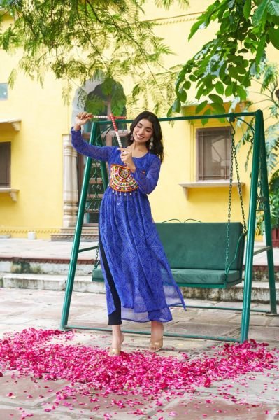 Blue Bandhani Anarkali Gown with Kutchi Work Readymade for Navratri Special Outfit Navratri Collection