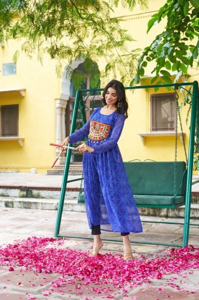 Blue Bandhani Anarkali Gown with Kutchi Work Readymade for Navratri Special Outfit Navratri Collection