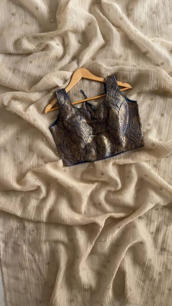 Blue Blouse With Cream Wedding Wear Tissue Silk Saree with Embroidered Butti Silk Sarees Wholesale