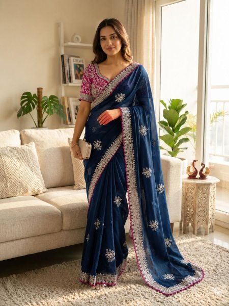 Blue Boutique Style Frendy Satin Saree with Rich Zari Embroidery For Wedding Wholesale Sarees Suppliers in Oman