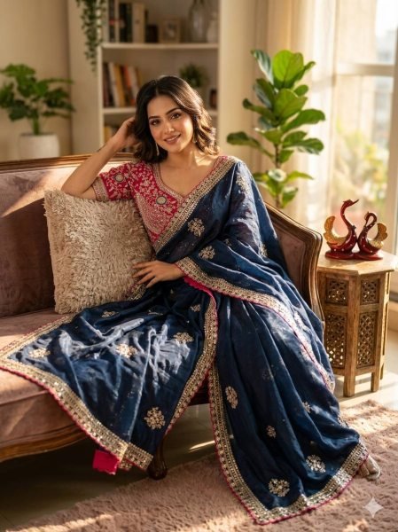 Blue Boutique Style Frendy Satin Saree with Rich Zari Embroidery For Wedding Designer Wedding Sarees Wholesale