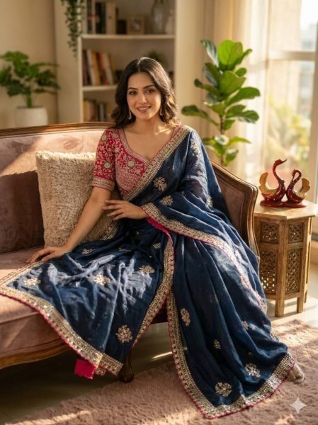Blue Boutique Style Frendy Satin Saree with Rich Zari Embroidery For Wedding Designer Wedding Sarees Wholesale