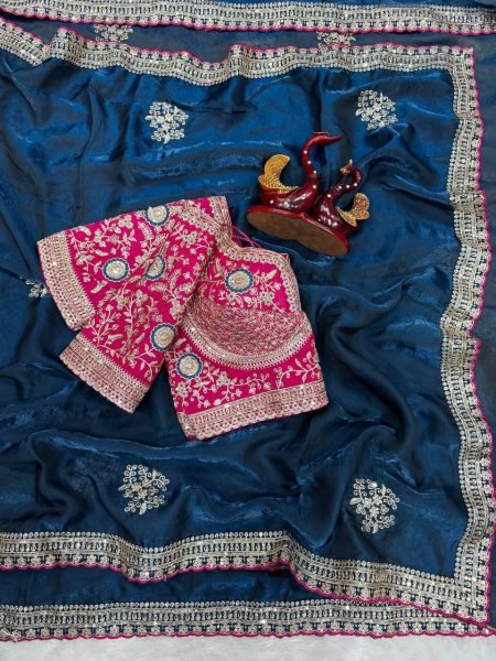 Blue Boutique Style Frendy Satin Saree with Rich Zari Embroidery For Wedding Designer Wedding Sarees Wholesale
