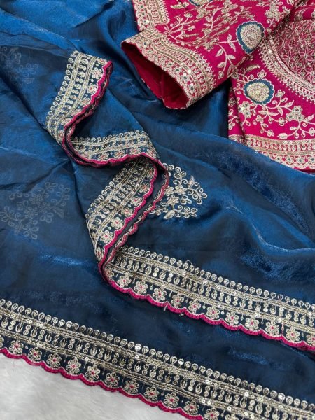 Blue Boutique Style Frendy Satin Saree with Rich Zari Embroidery For Wedding Designer Wedding Sarees Wholesale