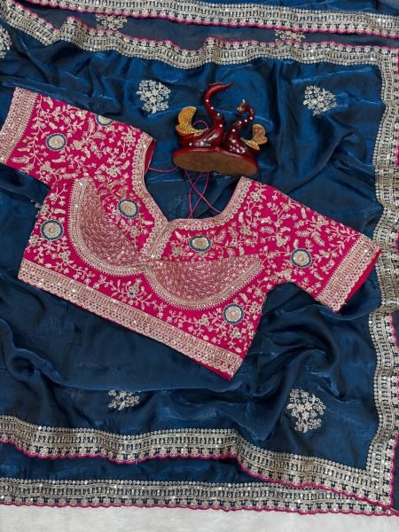 Blue Boutique Style Frendy Satin Saree with Rich Zari Embroidery For Wedding Designer Wedding Sarees Wholesale