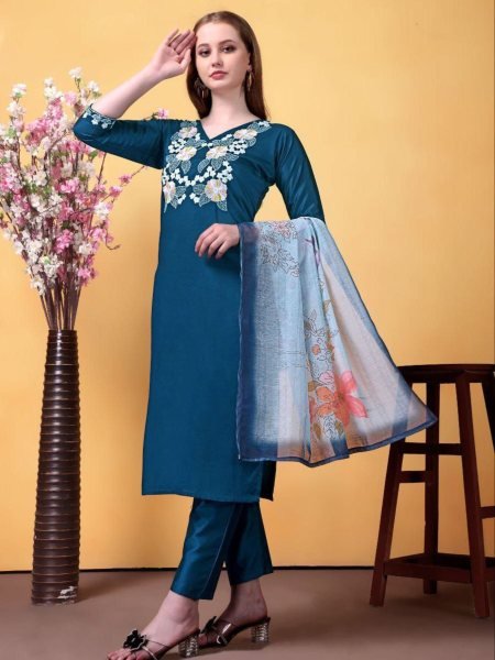 Blue Breeze 3 Piece Rayon Suit Set with Chanderi Print Dupatta Everyday to Ethnic Kurtis
