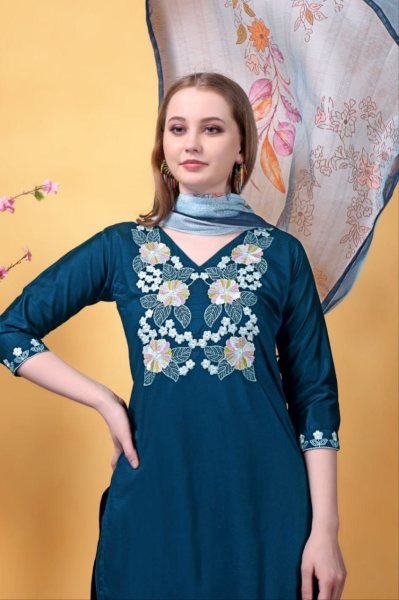 Blue Breeze 3 Piece Rayon Suit Set with Chanderi Print Dupatta Everyday to Ethnic 3 Piece Kurti Set