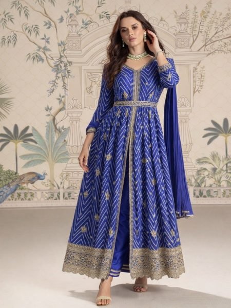 Blue Chinon Silk Digital Print Anarkali Suit with Embroidery Work and Nazneen Dupatta Anarakali Gown Wholesale