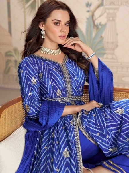 Blue Chinon Silk Digital Print Anarkali Suit with Embroidery Work and Nazneen Dupatta Anarakali Gown Wholesale
