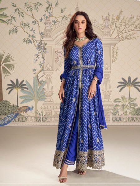 Blue Chinon Silk Digital Print Anarkali Suit with Embroidery Work and Nazneen Dupatta Anarakali Gown Wholesale