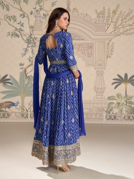 Blue Chinon Silk Digital Print Anarkali Suit with Embroidery Work and Nazneen Dupatta Anarakali Gown Wholesale
