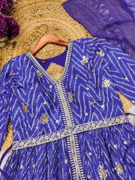 Blue Chinon Silk Digital Print Anarkali Suit with Embroidery Work and Nazneen Dupatta Anarakali Gown Wholesale