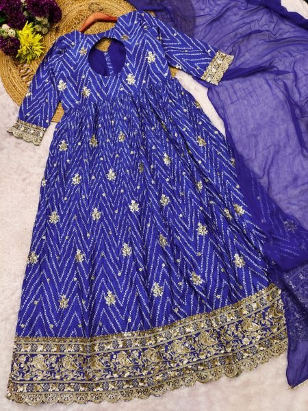 Blue Chinon Silk Digital Print Anarkali Suit with Embroidery Work and Nazneen Dupatta Anarakali Gown Wholesale