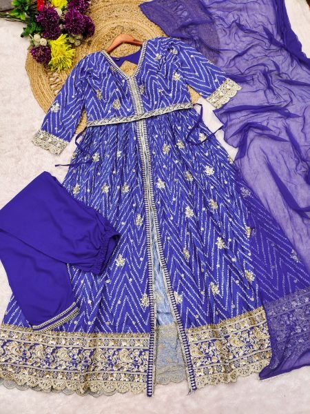 Blue Chinon Silk Digital Print Anarkali Suit with Embroidery Work and Nazneen Dupatta Anarakali Gown Wholesale