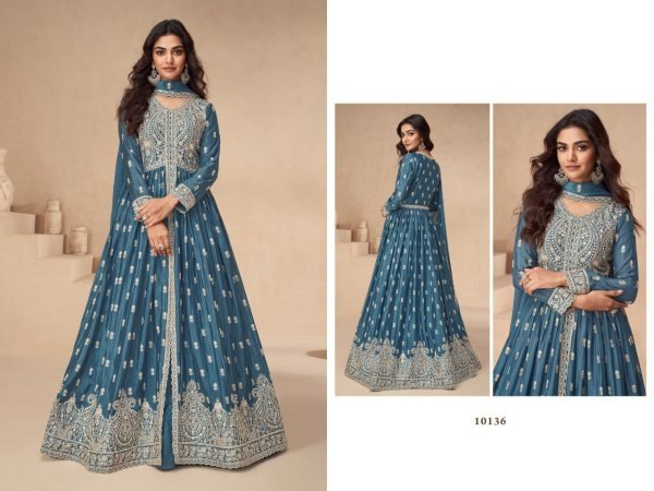 Blue Chinon Silk Indo Western Suit with Heavy Embroidery Wedding & Occasion Wear at Manufacturer Price Anarakali Gown Wholesale