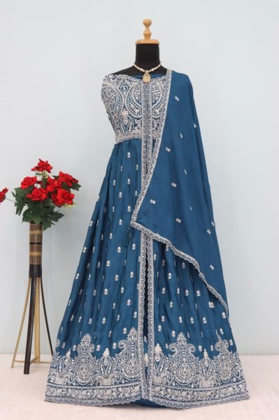 Blue Chinon Silk Indo Western Suit with Heavy Embroidery Wedding & Occasion Wear at Manufacturer Price Anarakali Gown Wholesale