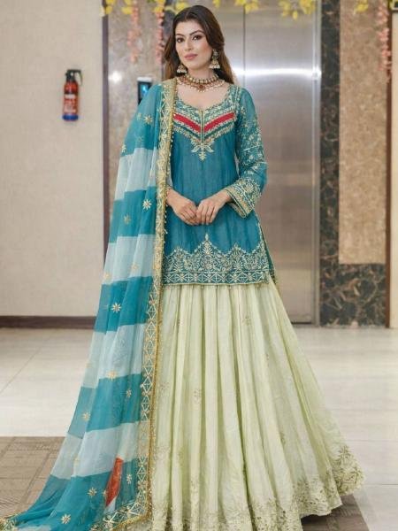 Blue Color Fandy Silk Top Lehenga Set with Embroidery Work At Best Price For B2B Work 