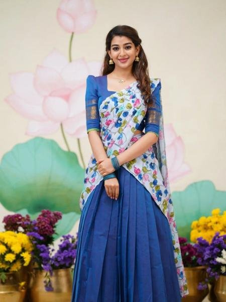 Blue Color Kanjivaram Half Saree With Linen Printed Voni For Woman  Lehenga