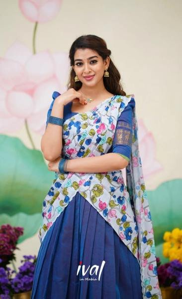 Blue Color Kanjivaram Half Saree With Linen Printed Voni For Woman Half Saree Lehenga