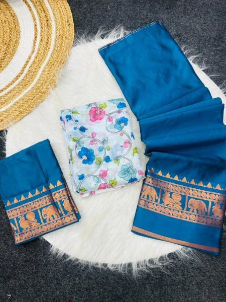 Blue Color Kanjivaram Half Saree With Linen Printed Voni For Woman Half Saree Lehenga