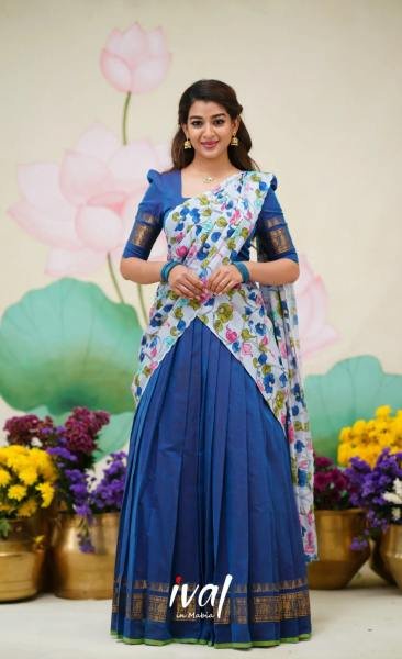Blue Color Kanjivaram Half Saree With Linen Printed Voni For Woman Half Saree Lehenga