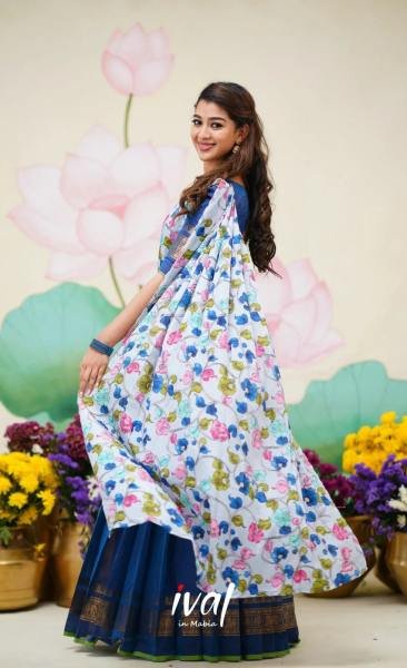 Blue Color Kanjivaram Half Saree With Linen Printed Voni For Woman Half Saree Lehenga