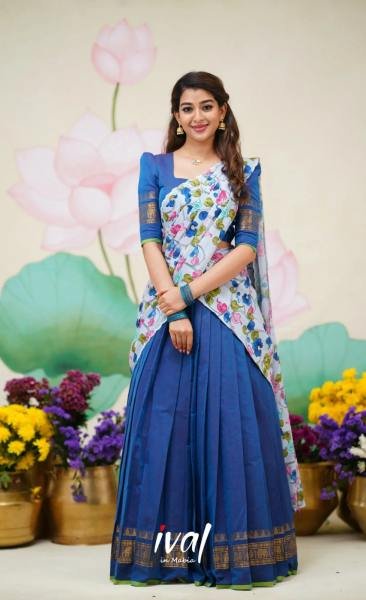 Blue Color Kanjivaram Half Saree With Linen Printed Voni For Woman Half Saree Lehenga