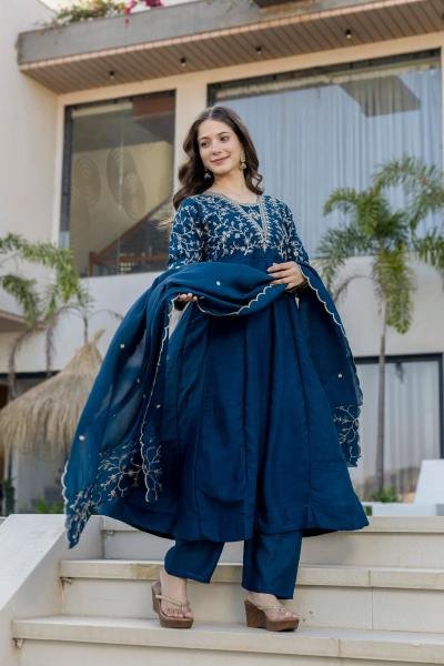 Blue Color Vichitra Silk  Anarkali Kurta Set With Duppata At Wholesale Rates Embroidery Kurtis 