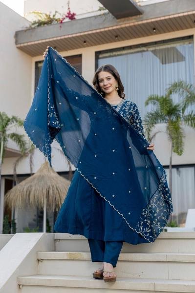 Blue Color Vichitra Silk  Anarkali Kurta Set With Duppata At Wholesale Rates Embroidery Kurtis 