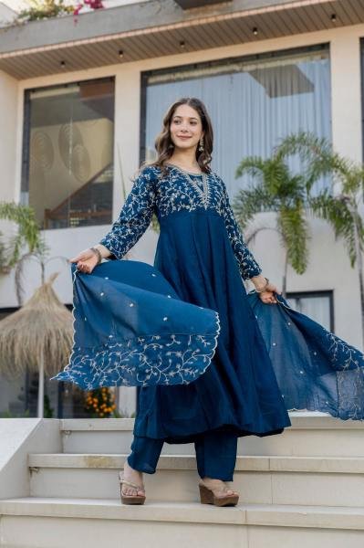 Blue Color Vichitra Silk  Anarkali Kurta Set With Duppata At Wholesale Rates Embroidery Kurtis 