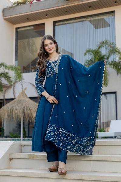 Blue Color Vichitra Silk  Anarkali Kurta Set With Duppata At Wholesale Rates Embroidery Kurtis 