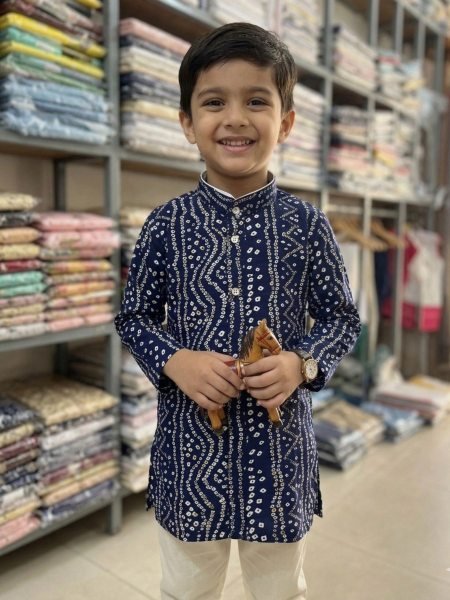 Blue Cotton Kids Kurta with Foil Print for Festive Collection Boys Wear