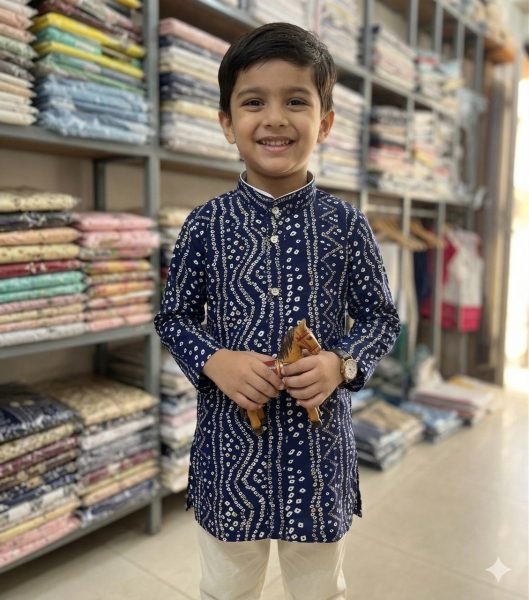 Blue Cotton Kids Kurta with Foil Print for Festive Collection Boys Wear