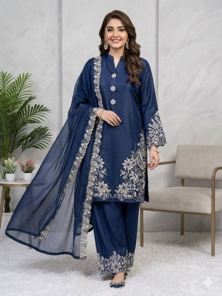 Blue Crape Silk Kurti Palazzo Set with Embroidery Work For Festival Wear Ready To Wear Suit