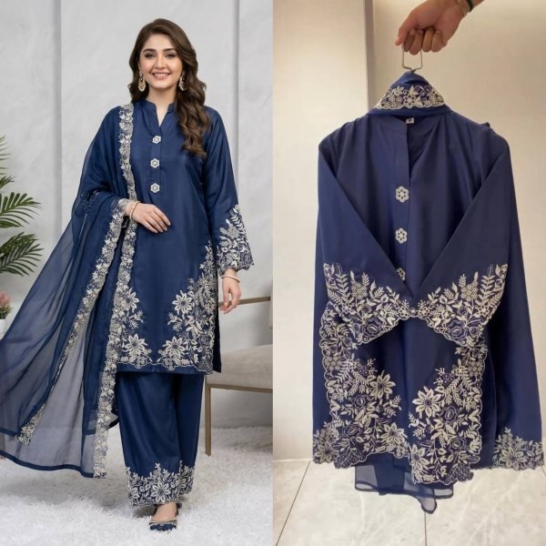 Blue Crape Silk Kurti Palazzo Set with Embroidery Work For Festival Wear Ready To Wear Collection