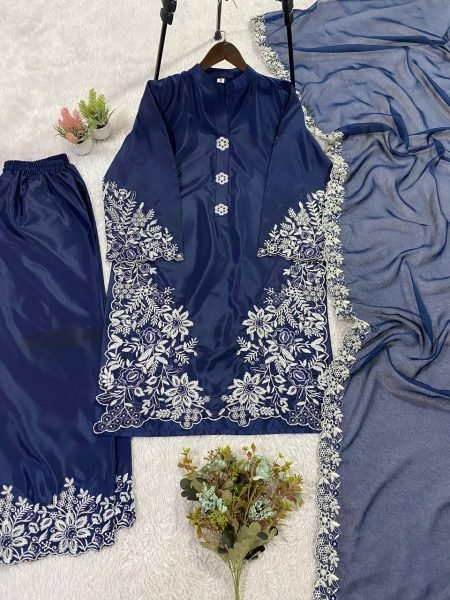 Blue Crape Silk Kurti Palazzo Set with Embroidery Work For Festival Wear Ready To Wear Collection