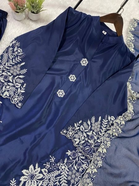 Blue Crape Silk Kurti Palazzo Set with Embroidery Work For Festival Wear Ready To Wear Collection