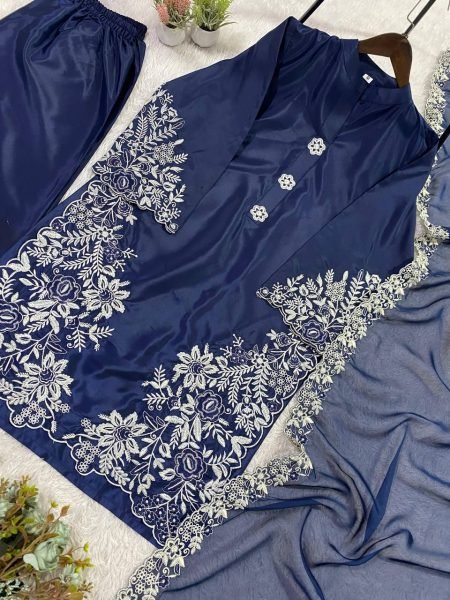 Blue Crape Silk Kurti Palazzo Set with Embroidery Work For Festival Wear Ready To Wear Collection