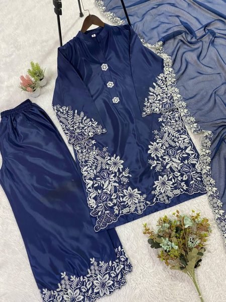 Blue Crape Silk Kurti Palazzo Set with Embroidery Work For Festival Wear Ready To Wear Collection